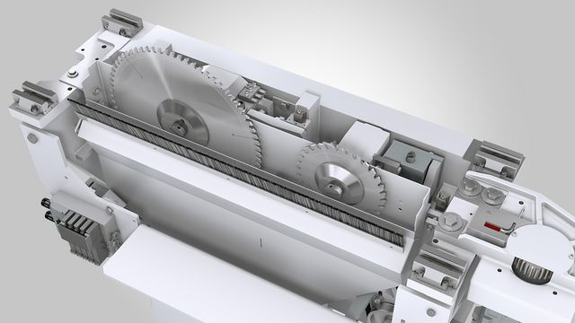 The sawing unit of the TECTRA series Automatic, infinitely variable cutting height adjustment for optimised saw blade projection and thus for a clean cutting edge.