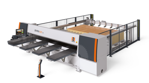 The horizontal pressure beam saw ZENTREX 6215 lift with standard lifting table for batch processing