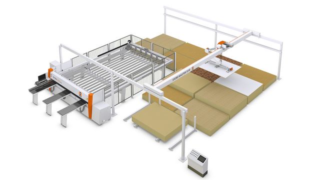 Plate storage system loaded with pressure beam saw - the entry-level version for the trades Plate storage STORE-MASTER by HOLZHER with TECTRA panel saw