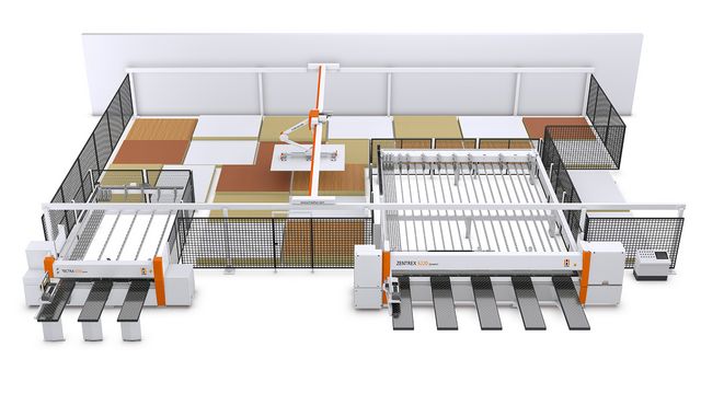 Plate storage system from HOLZHER with horizontal panel saws as cutting center Plate storage solution with the pressure beam saws TECTRA and ZENTREX from HOLZHER