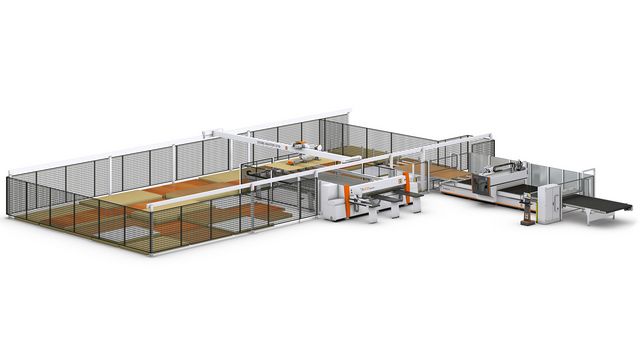 HOLZHER plate storage system with horizontal panel saw and nesting CNC machine Storage solution STORE-MASTER with pressure beam saw and nesting