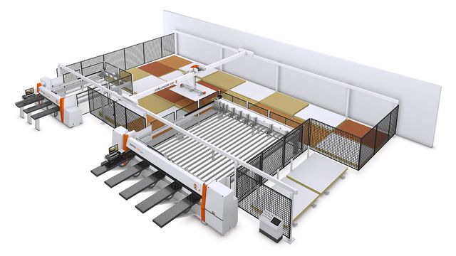 Plate storage system from HOLZHER with horizontal panel saws as cutting center Plate storage solution with the pressure beam saws TECTRA and ZENTREX from HOLZHER
