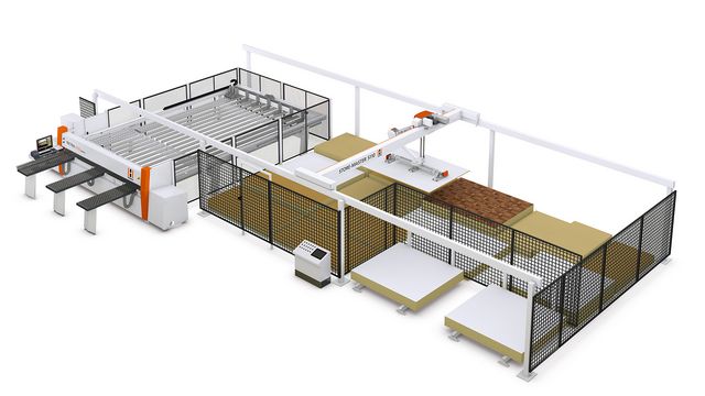 Plate storage system loaded with pressure beam saw - the entry-level version for the trades Plate storage STORE-MASTER by HOLZHER with TECTRA panel saw